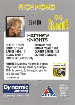 1994 AFL Sensation #26 Matthew Knights Back